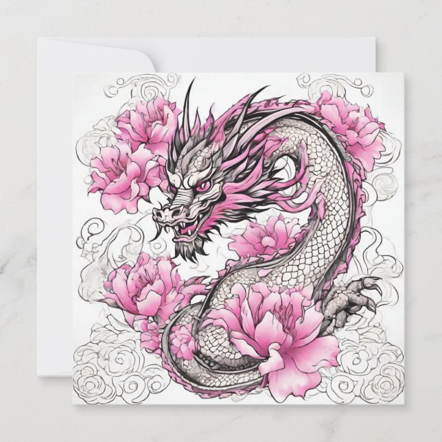 Oriental Dragon with Vibrant Rosa Flowers Kort (Framsida)