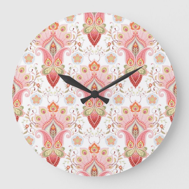 Oriental Flair: Damask Peacock Paisley Stor Klocka (Framsida)