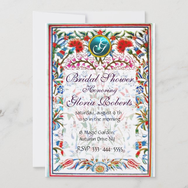 ORIENTAL FLOWERS DAMASK GEM MONOGRAM Rosa Blue Inbjudningar (Framsida)