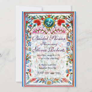 ORIENTAL FLOWERS DAMASK MONOGRAM Blue Aquamarine Inbjudningar