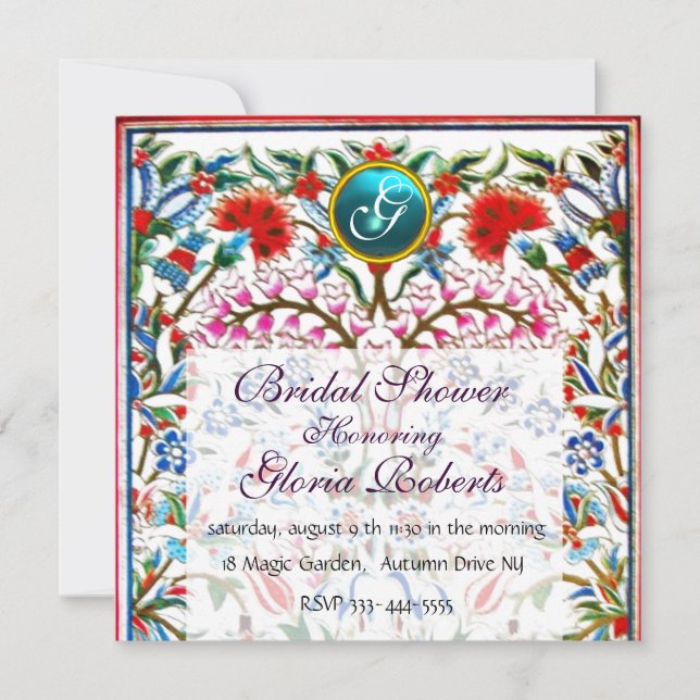 ORIENTAL FLOWERS DAMASK MONOGRAM Blue Aquamarine Inbjudningar (Framsida)