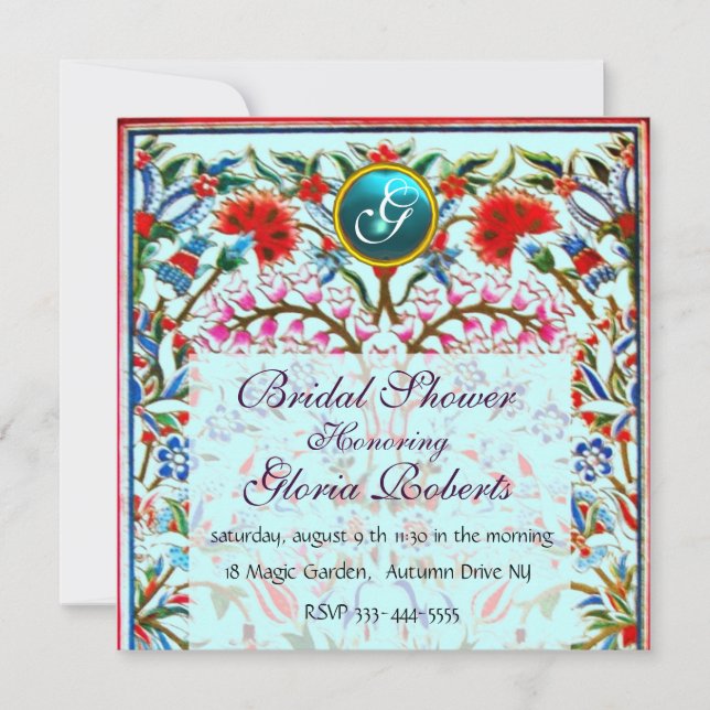 ORIENTAL FLOWERS DAMASK MONOGRAM Blue Aquamarine Inbjudningar (Framsida)