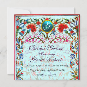 ORIENTAL FLOWERS DAMASK MONOGRAM Blue Aquamarine Inbjudningar