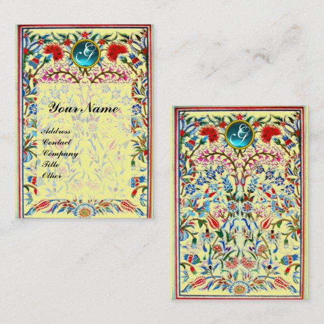 ORIENTAL FLOWERS DAMASK MONOGRAM Blue Gult Visitkort (Fram/baksida)