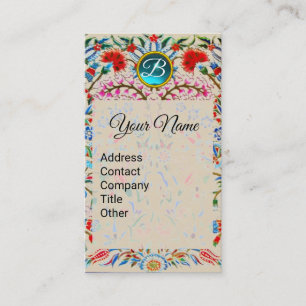 ORIENTAL FLOWERS DAMASK MONOGRAM Blue Rosa Blommig Visitkort
