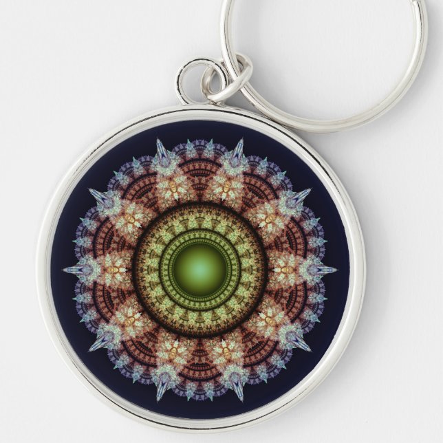 Oriental fraktal storslagen ornament rund silverfärgad nyckelring (Framsidan)