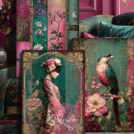 Oriental Garden, Porträtt, Bird, Patchwork, Blommi