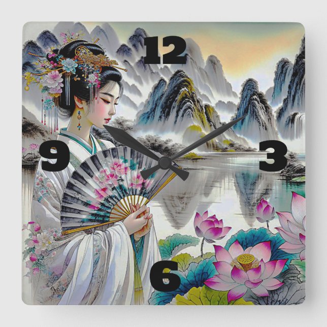 Oriental Geisha Dam, Mountains och Lotus Fyrkantig Klocka (Framsida)