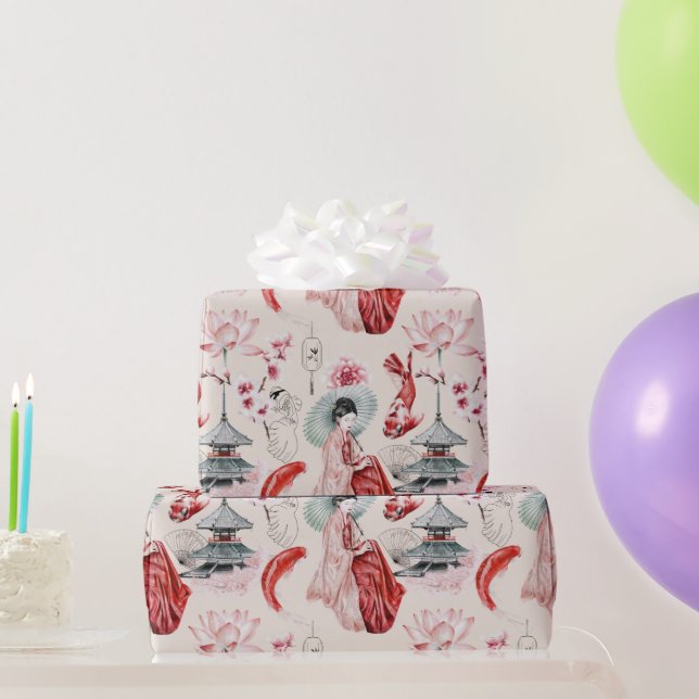 Oriental Geisha, Koi Fish, Japansk Pagoda Presentpapper (Festgåvor)