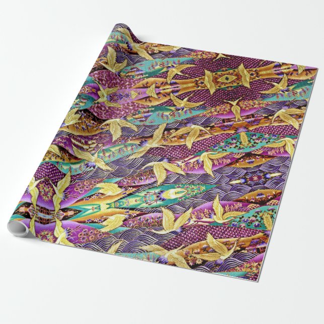 Oriental Golden Cranes Patchwork Wrapping Papper Presentpapper (Utrullad)