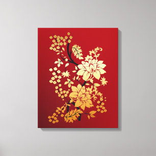 Oriental Golden Flowers on Red Canvastryck