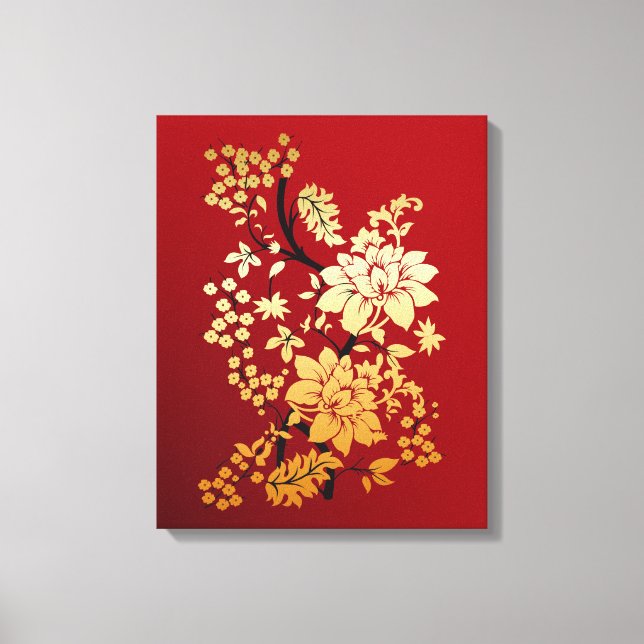 Oriental Golden Flowers on Red Canvastryck (Framsida)