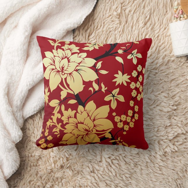 Oriental Golden Flowers on Red Kudde (Filt)