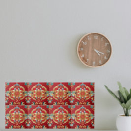 Oriental Golden Flowers Red Background Kakelplatta