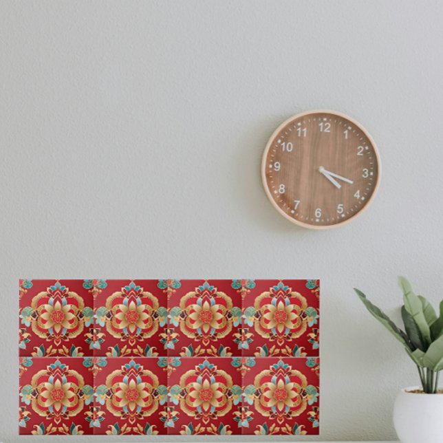 Oriental Golden Flowers Red Background Kakelplatta (Skapare uppladdad)