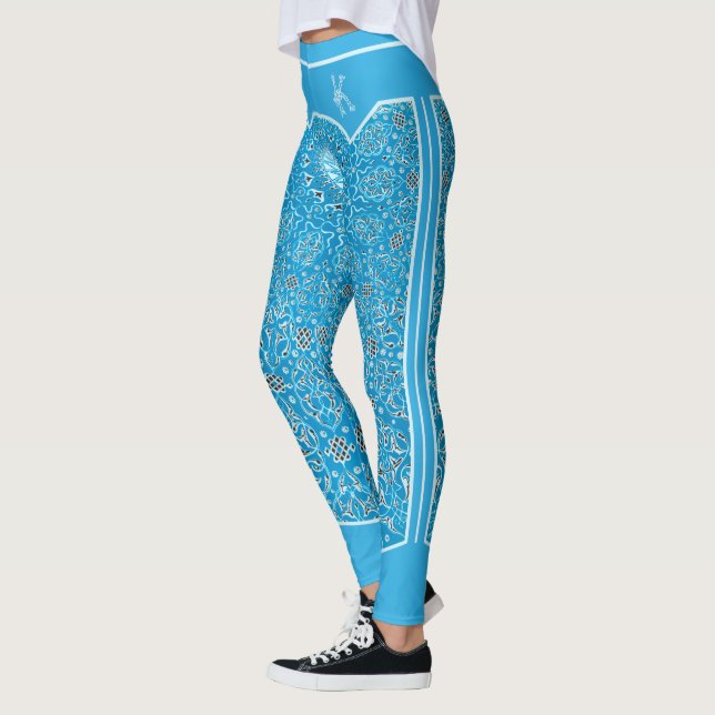 Oriental Himlar Blue Arabesques Monogram Customize Leggings (Vänster)