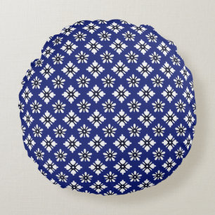 Oriental Indigo White Katazome Flowers Mönster Rund Kudde
