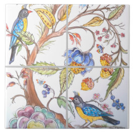 Oriental Jacobean Bird Blommigt Colorful Chinoiser Kakelplatta