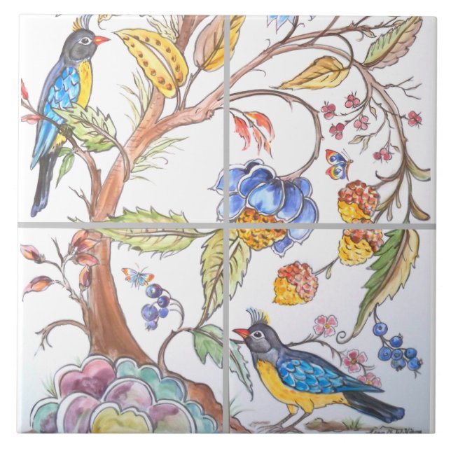Oriental Jacobean Bird Blommigt Colorful Chinoiser Kakelplatta (Framsidan)