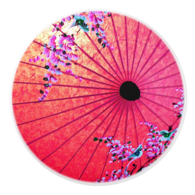 Oriental japanese blommigt rosa röd målad parasol knopp (Framsidan)