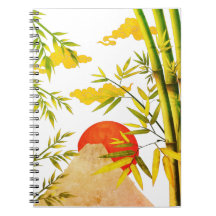 Oriental Japansk Mountain Sunrise with Bamboo