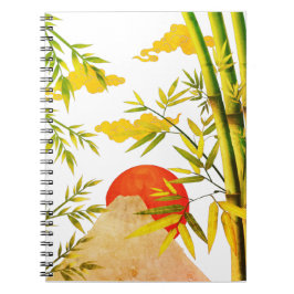 Oriental Japansk Mountain Sunrise with Bamboo Anteckningsbok