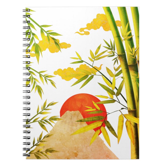 Oriental Japansk Mountain Sunrise with Bamboo Anteckningsbok (Framsidan)