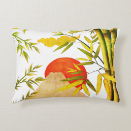 Oriental Japansk Mountain Sunrise with Bamboo Prydnadskudde