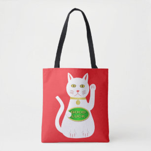 Oriental Lucky Cat Dubbla Side Print Tygkasse