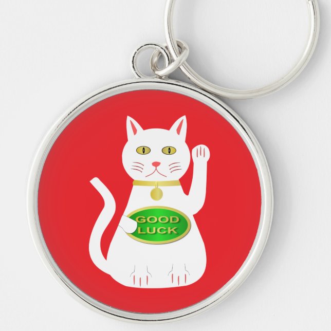 Oriental Lucky Cat Rund Silverfärgad Nyckelring (Framsidan)
