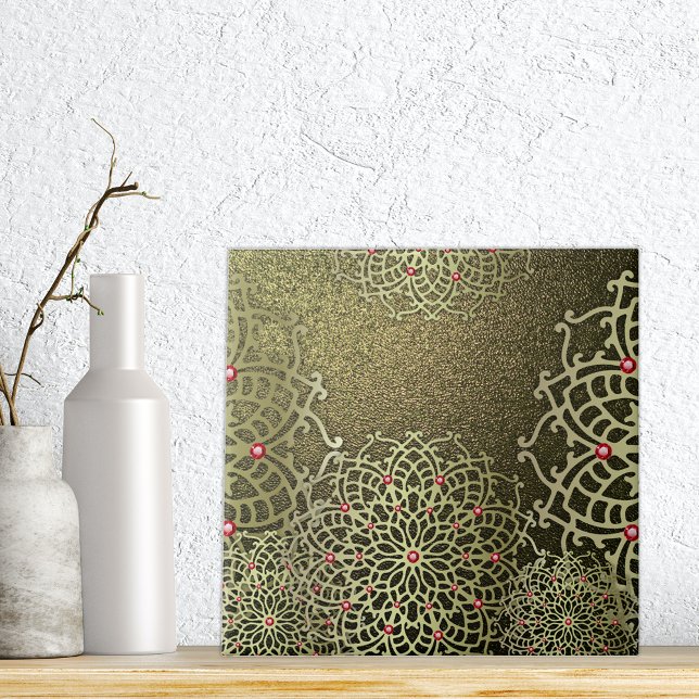 Oriental Luxury Indian Guld Jeweled Blommigt Manda Kakelplatta (Skapare uppladdad)