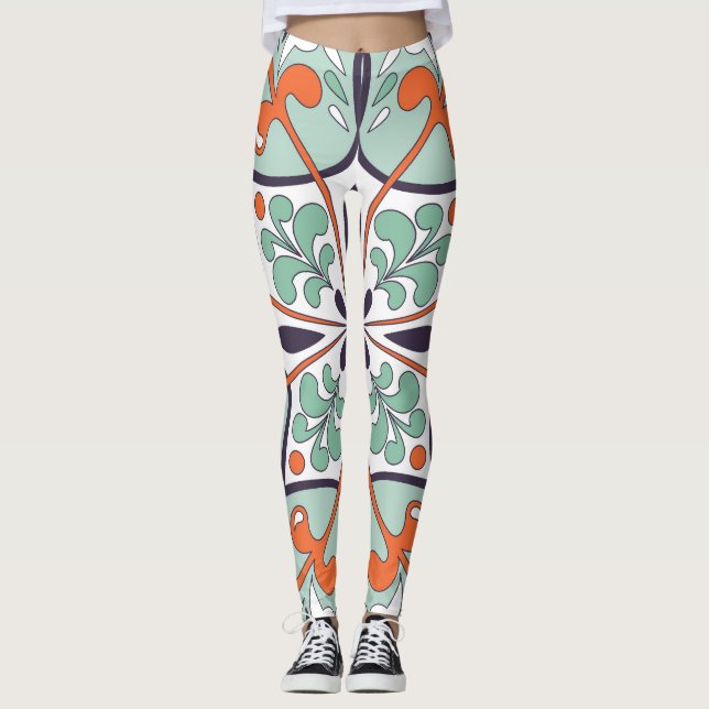 Oriental Moroccan Tile Blommigt Design Leggings (Framsida)