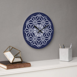 Oriental Navy Blue White Asanoha Japan Mönster Stor Klocka