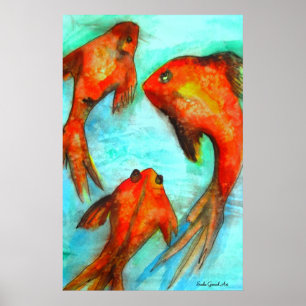 Oriental orange goldfish vattencolor original art poster