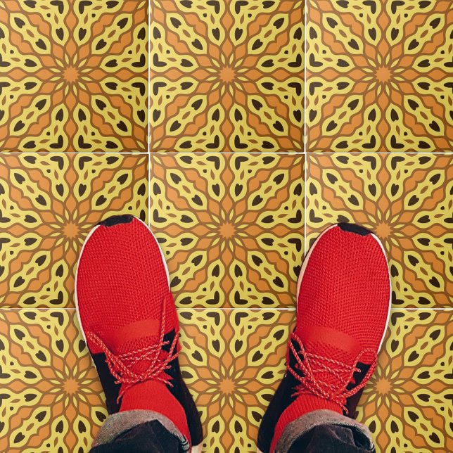 Oriental Orange & Gult Ochre Geometric Mönster Kakelplatta (Skapare uppladdad)