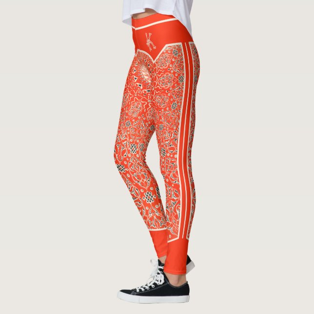 Oriental Orange Red Arabesques Monogram Customized Leggings (Vänster)