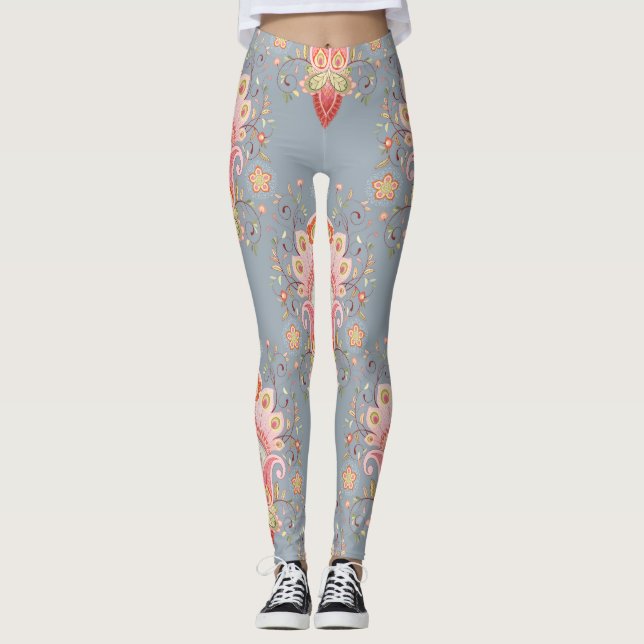 Oriental Paisley Peacock Feather Background Leggings (Framsida)