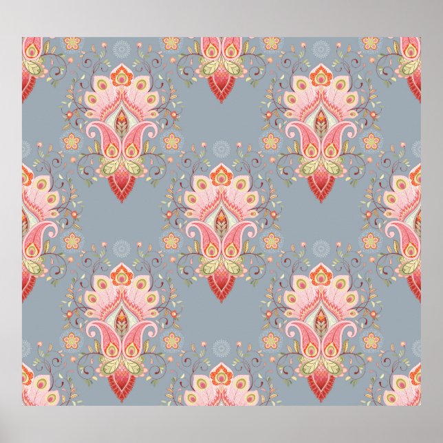 Oriental Paisley Peacock Feather Background Poster (Framsidan)