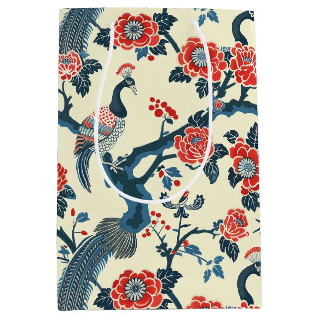 Oriental Red & Blue Blommigt Peacock Gift Bag (Framsidan)