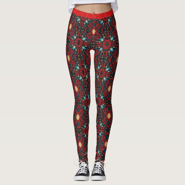 Oriental Red Guld Blue Black Glitter Chic Mönster Leggings (Framsida)