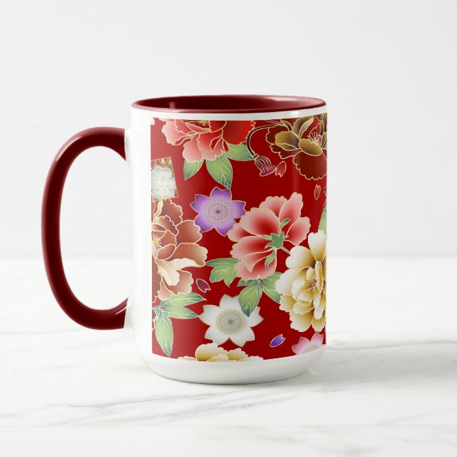 Oriental Red Guld Rosa Modern Blommigt Mugg (Vänster)