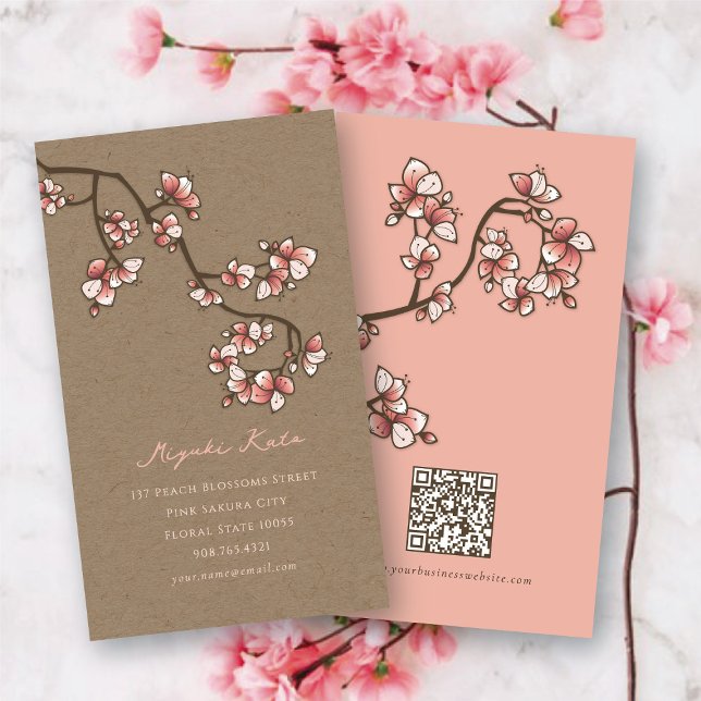 Oriental Rosa Ferskenblommor Elegant Sakura Kraft Visitkort (Oriental Pink Peach Blossoms Elegant Sakura Spring Flowers Kraft Business/Profile Card @ fat_fa_tin)
