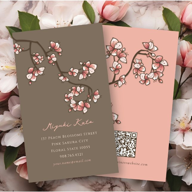 Oriental Rosa Peach Blommar Elegant Chic Sakura Visitkort (Oriental Pink Peach Blossoms Elegant Chic Sakura Spring Flowers Business/Profile Card @ fat_fa_tin)