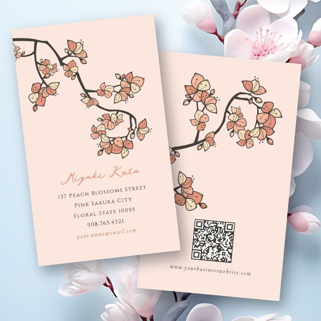 Oriental Rosa Peach Blommar Elegant Chic Sakura Visitkort (Oriental Pink Plum/Peach Blossoms Elegant Chic Floral Sakura Business/Profile Card @ fat_fa_tin)
