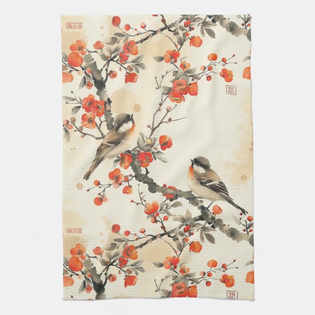 Oriental sångfåglar och blomning - traditionell as kökshandduk (Vertikal)