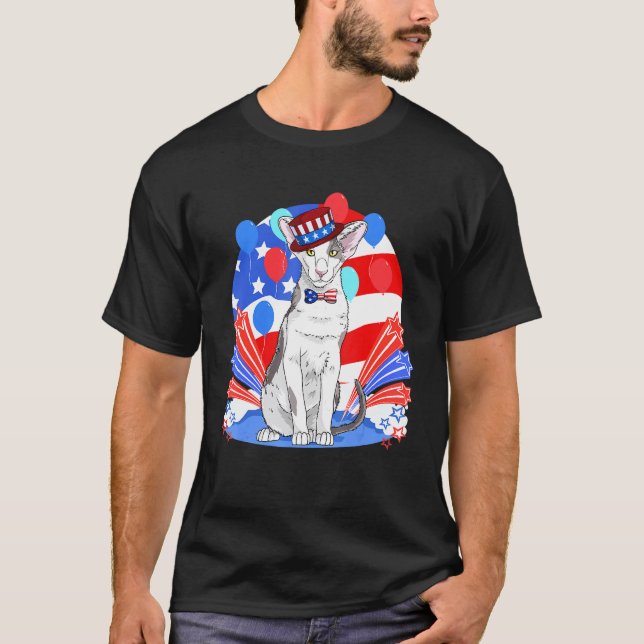 Oriental Shorthair Katt 4:e Juli Patriotisk Ameri T Shirt (Framsida)