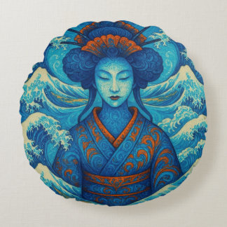 Oriental skönhet Geisha Kanagawa blue vågar Rund Kudde
