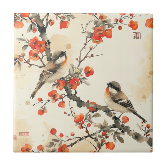 Oriental Songbirds and Blossom - Traditional Asian Kakelplatta (Framsidan)