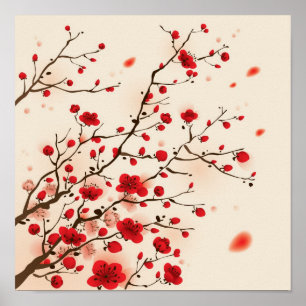 Oriental stil-blommar, plommon i vår poster