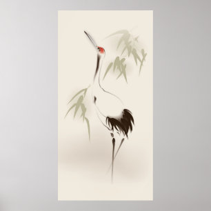 Oriental stil-målning, rödkronad kran poster